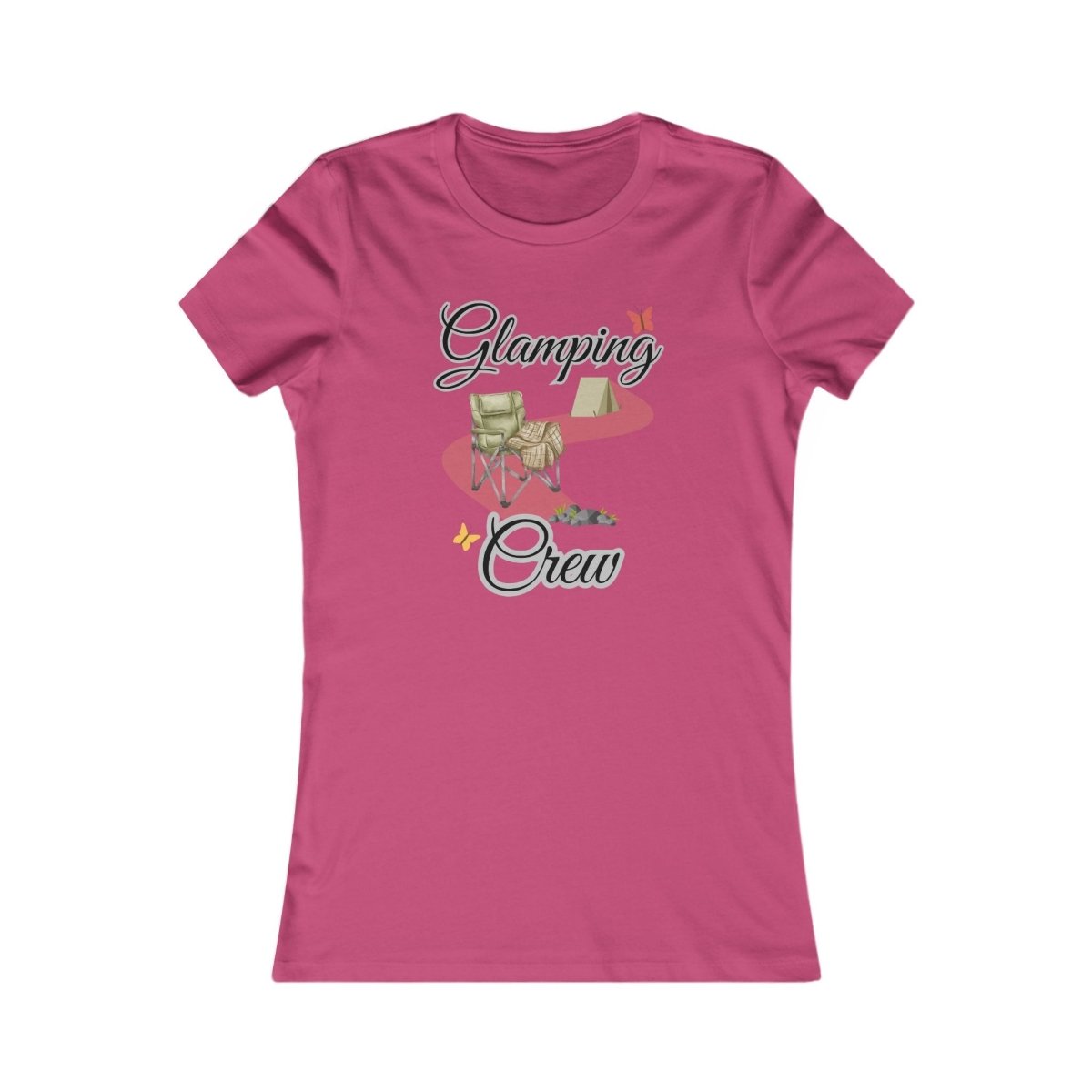 Pink t-shirt with 'Glamping Crew' graphic design on a white background