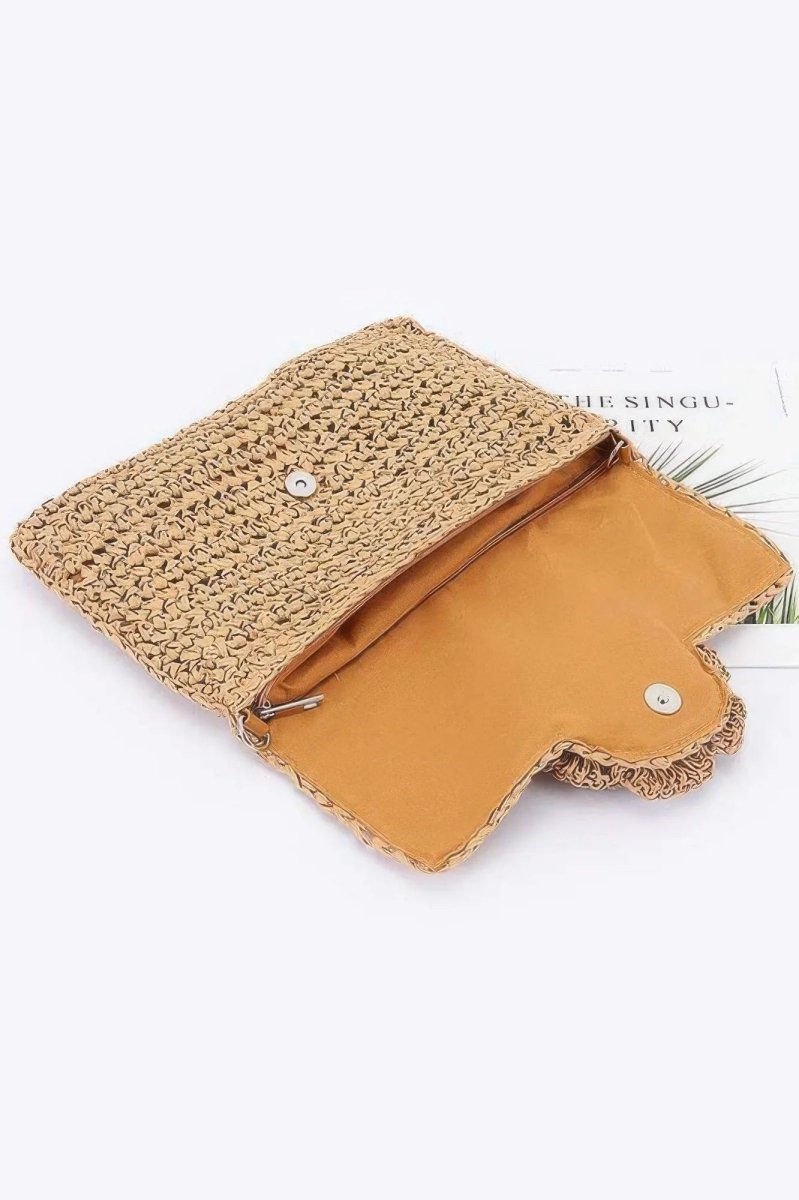 Faux Straw Handmade Flower Flap Clutch - minbolu -