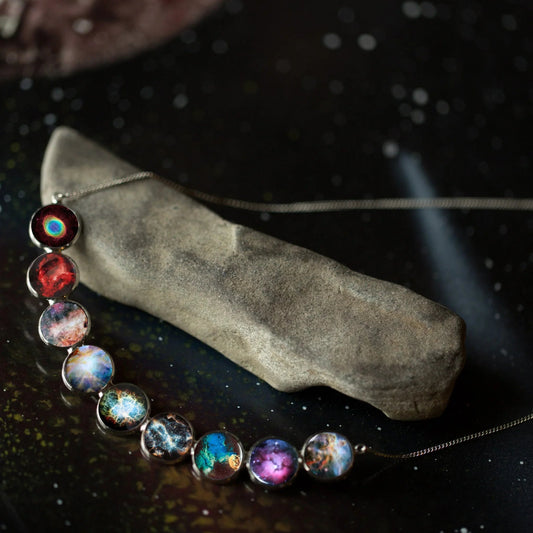 Handmade Silver Nebula Necklace - Curved Rainbow Celestial Necklace with 9 Nebulae - minbolu -