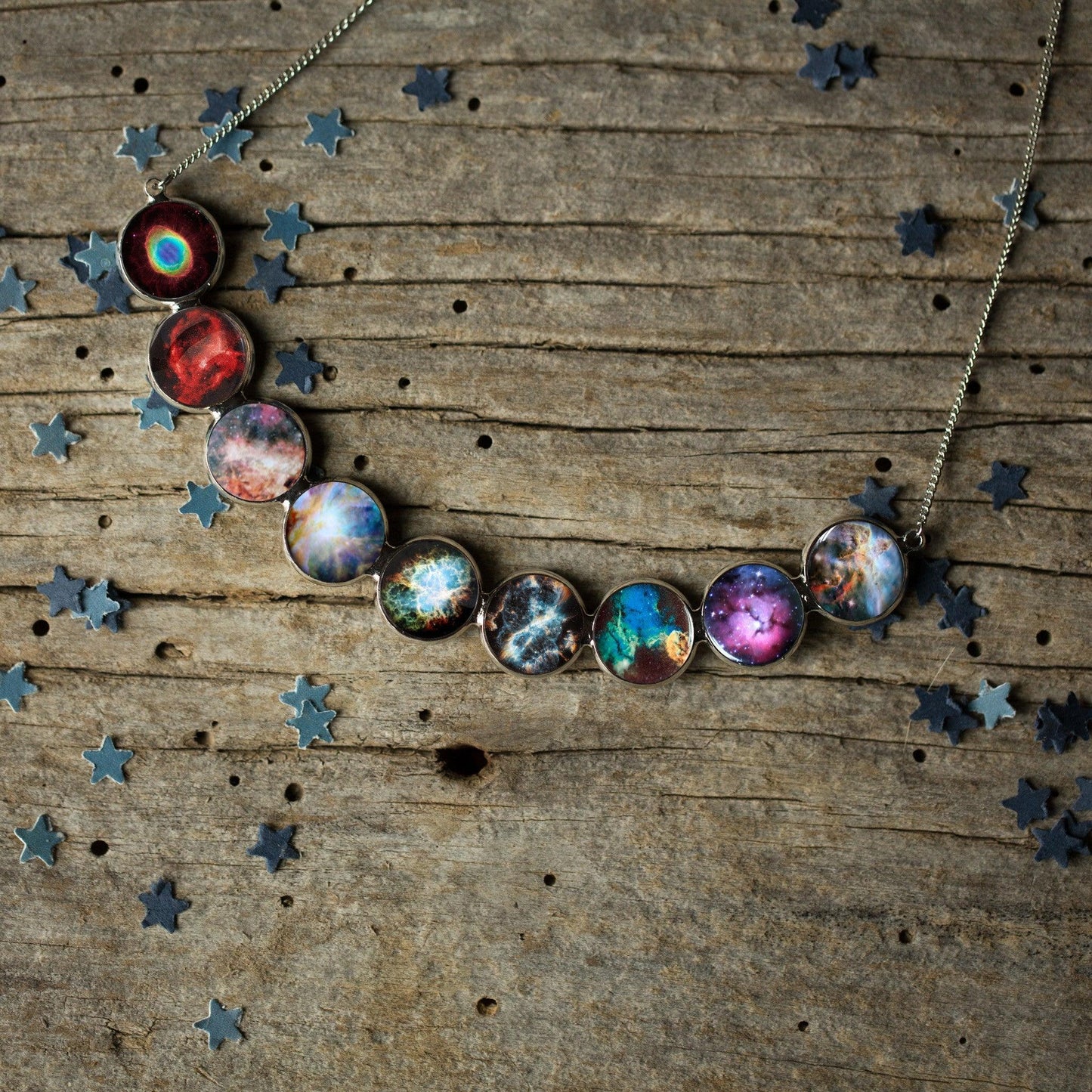 Handmade Silver Nebula Necklace - Curved Rainbow Celestial Necklace with 9 Nebulae - minbolu -