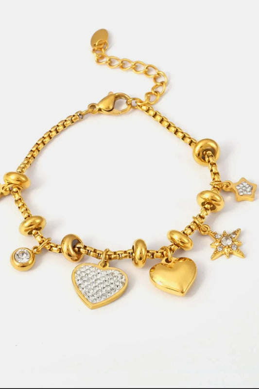 Heart Charm Bracelet - 18K Gold Plated Titanium Steel with Zircon - minbolu -