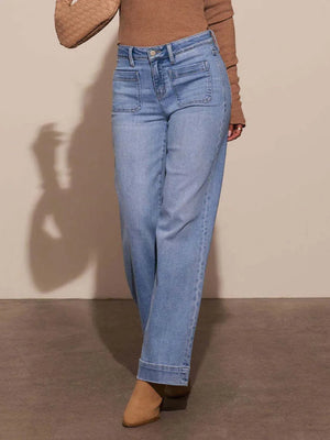 High Rise Wide Leg Jeans with Front Pockets - minbolu -