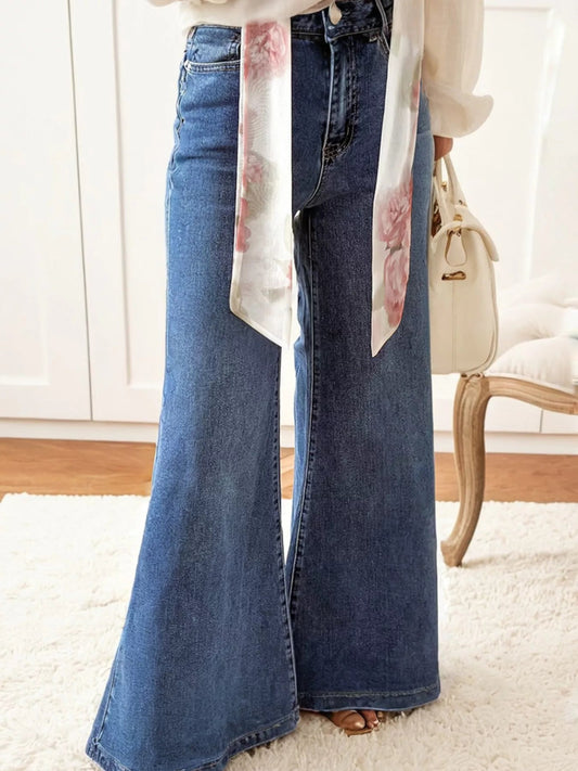 High Waist Button Zip Flare Leg Jeans - minbolu -
