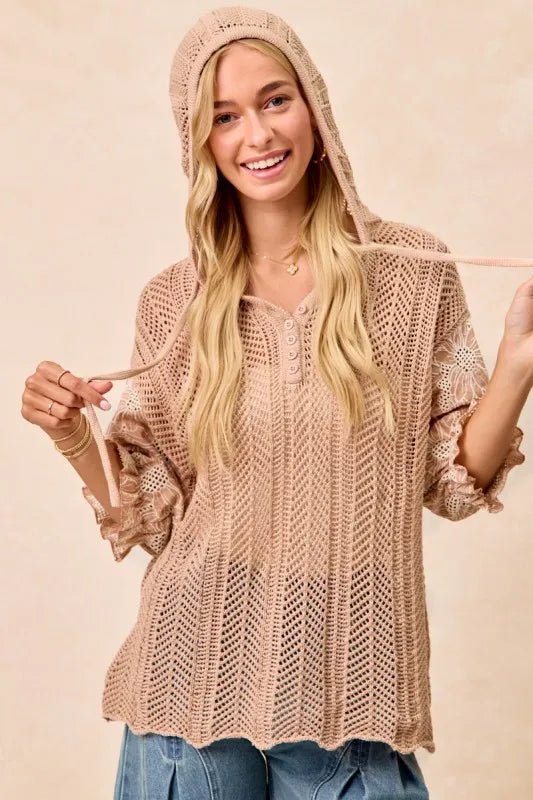 BiBi Jacquard Flower Puff Sleeve Hooded Knit Top - minbolu -