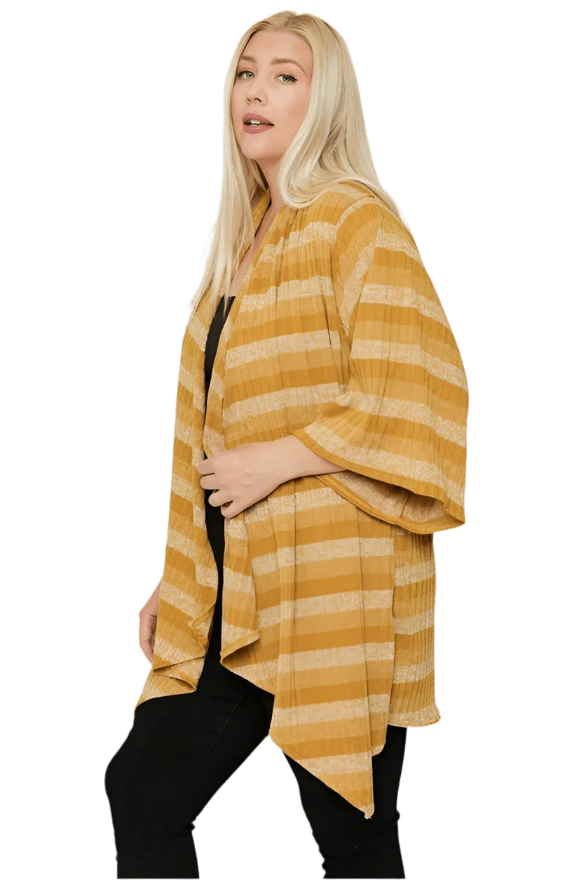 Kimono Style Striped Cardigan in Mustard - Elegant Comfort - minbolu
