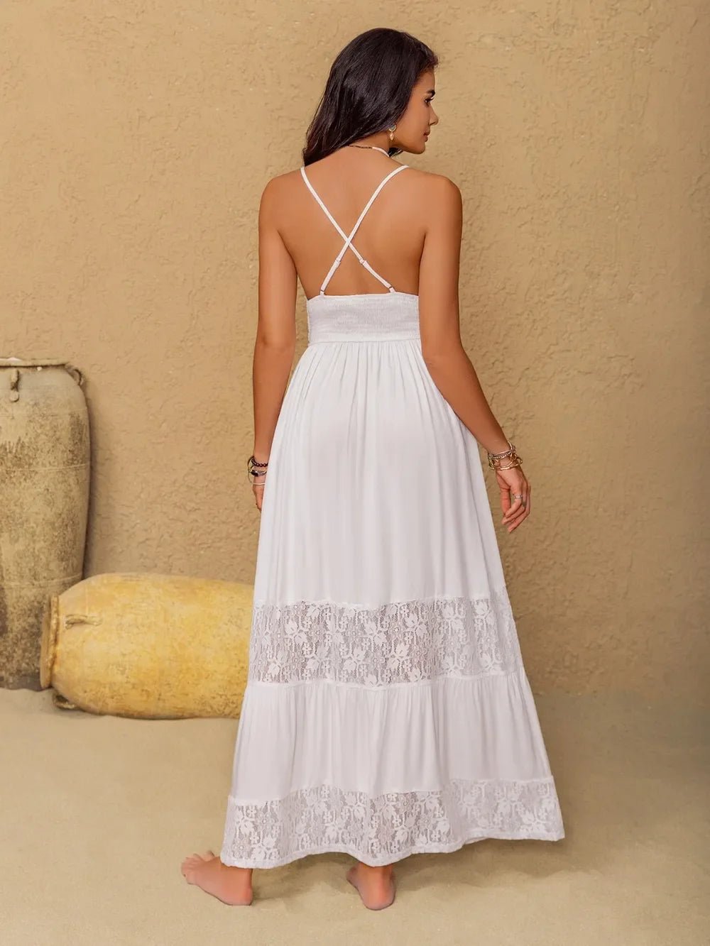 Lace Detail Crochet Tiered Maxi Cami Dress - minbolu -
