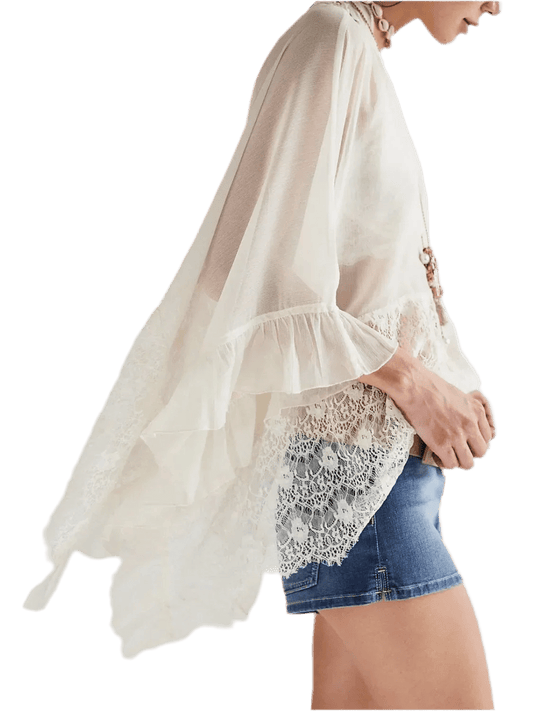 Lace V-Neck Ruffle Cover-Up - Beach Blouse - minbolu -