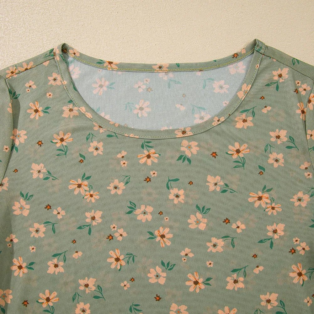 Laurel Green Floral Print Mesh Slim Fit Long Sleeve Top - minbolu
