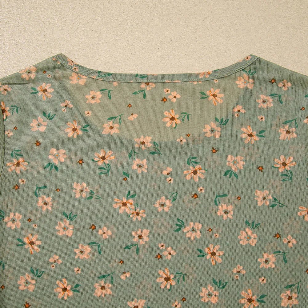 Laurel Green Floral Print Mesh Slim Fit Long Sleeve Top - minbolu
