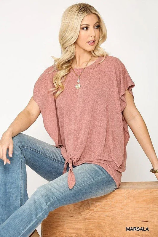 Leopard Jacquard Knit Jersey Top With Front Tie, Ruffled Sleeve - minbolu -