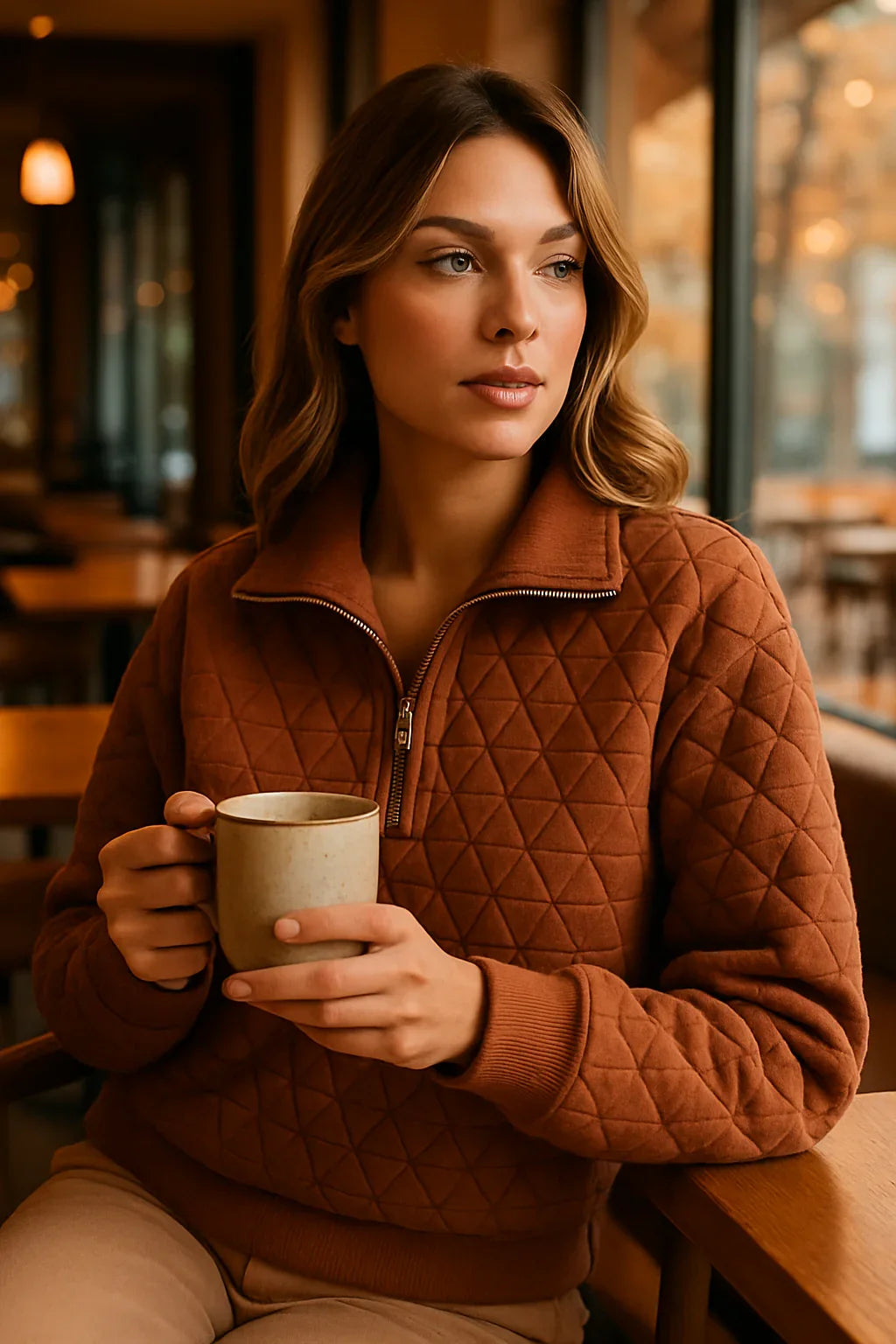 Lifestyle photo of clay quilted pullover sweatshirt