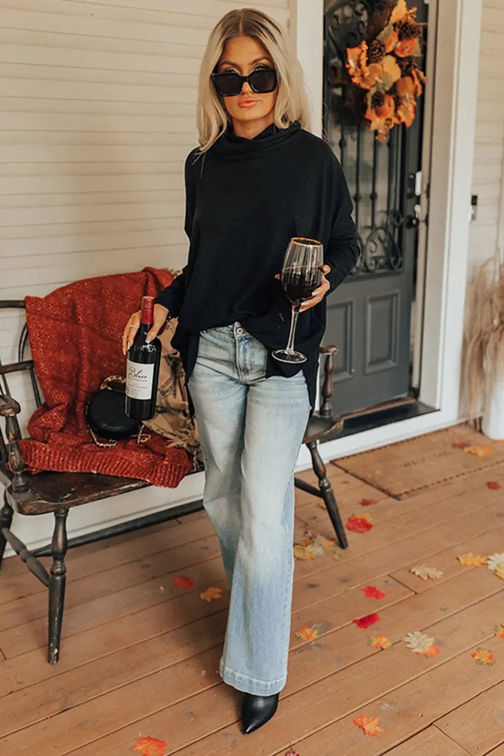 Long Sleeve Blouse - Side Slit High - Low Cowl Neck Style - minbolu