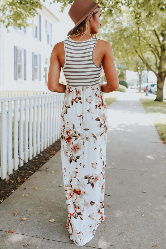 Long Tank Dress - White Boho Stripes & Floral Print - minbolu -