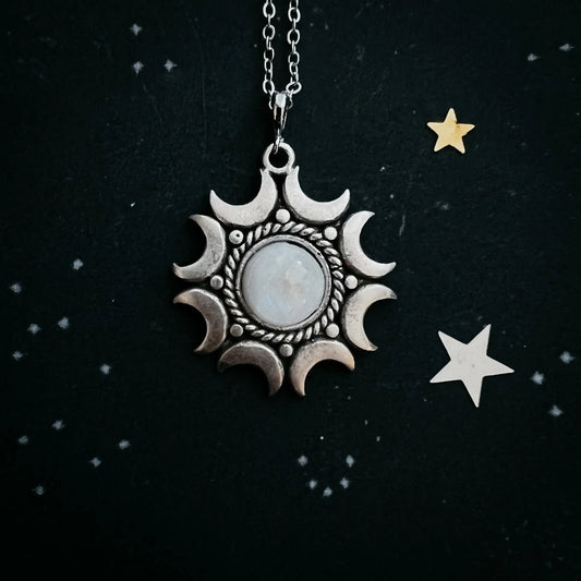 Lunar Witch Necklace - Rainbow Moonstone Pendant - minbolu -