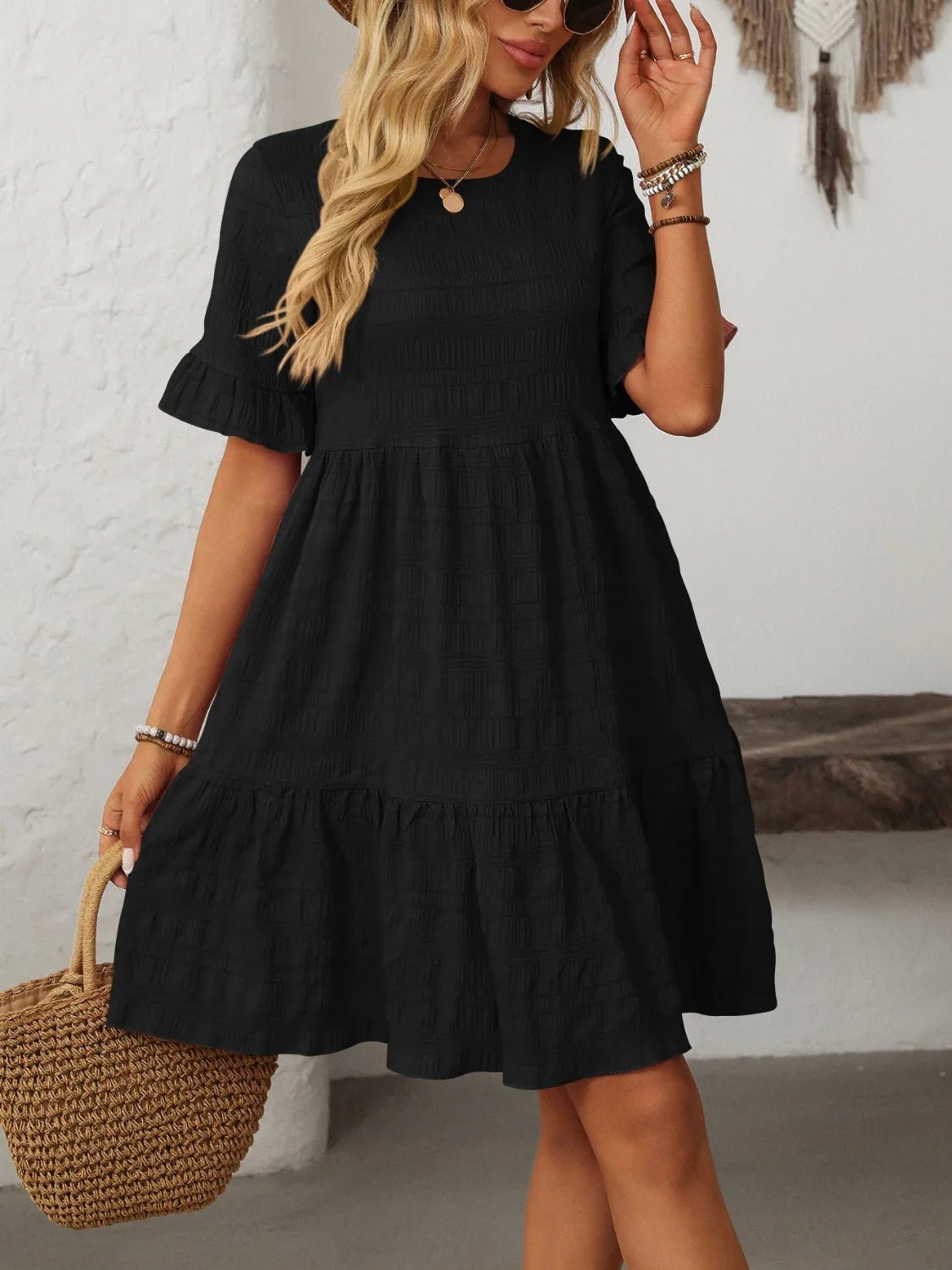 Mandy Ruched Half Sleeve Boho Dress - minbolu