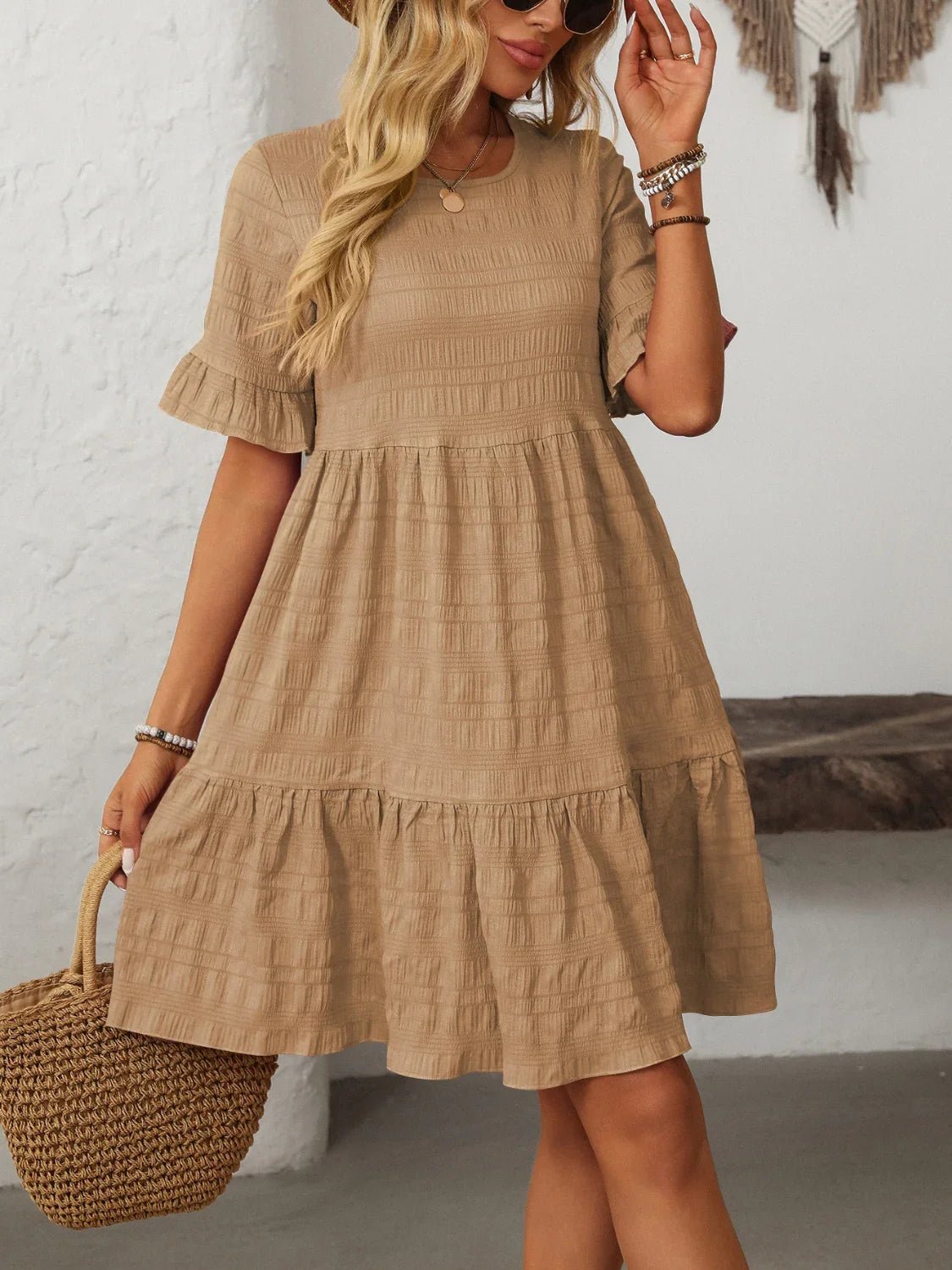 Mandy Ruched Half Sleeve Boho Dress - minbolu