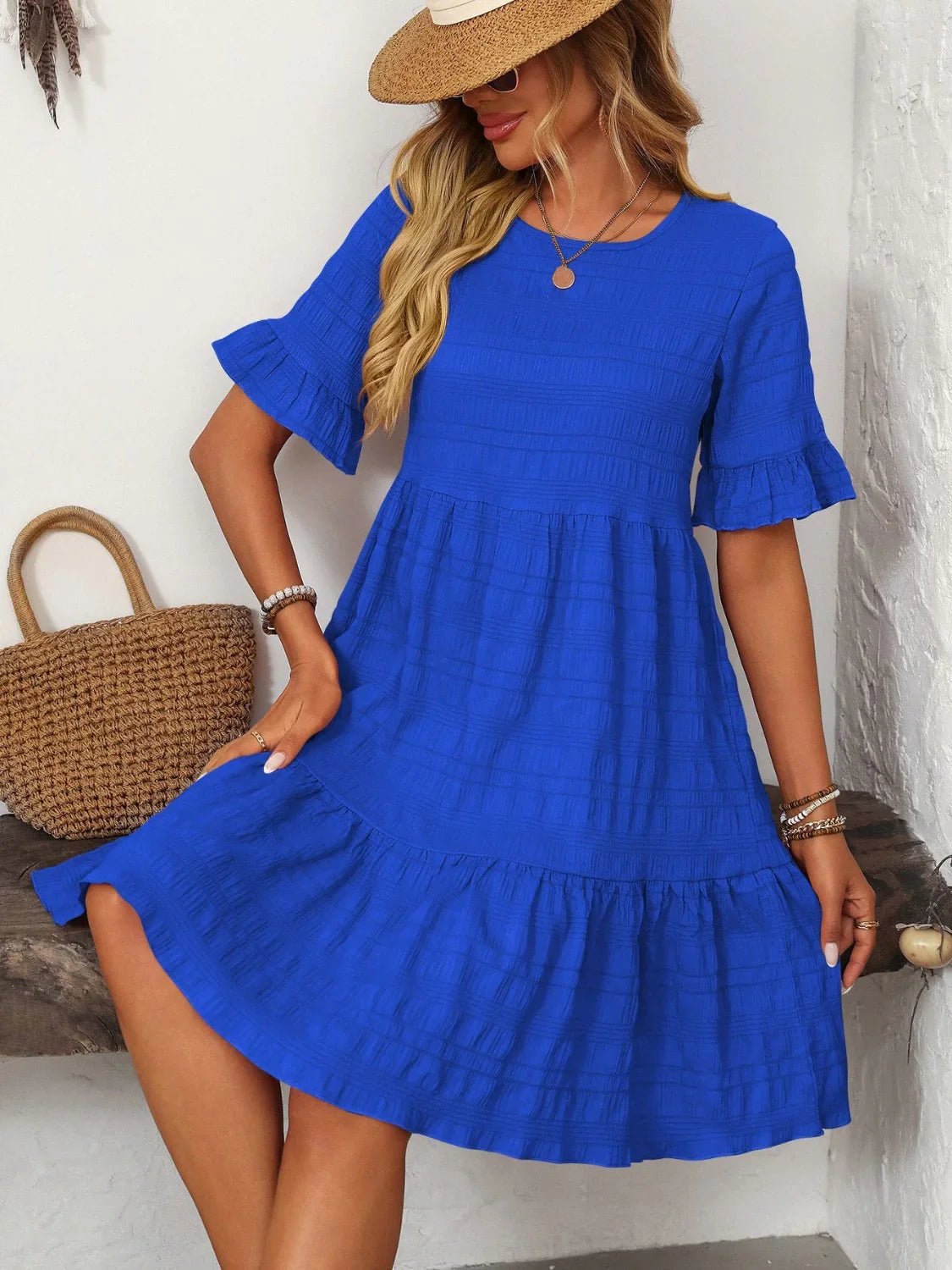 Mandy Ruched Half Sleeve Boho Dress - minbolu