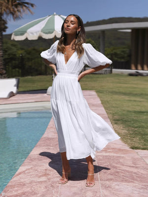 Merry Mill Tiered Puff Sleeve Midi Dress - Boho V-Neck Dress - minbolu -
