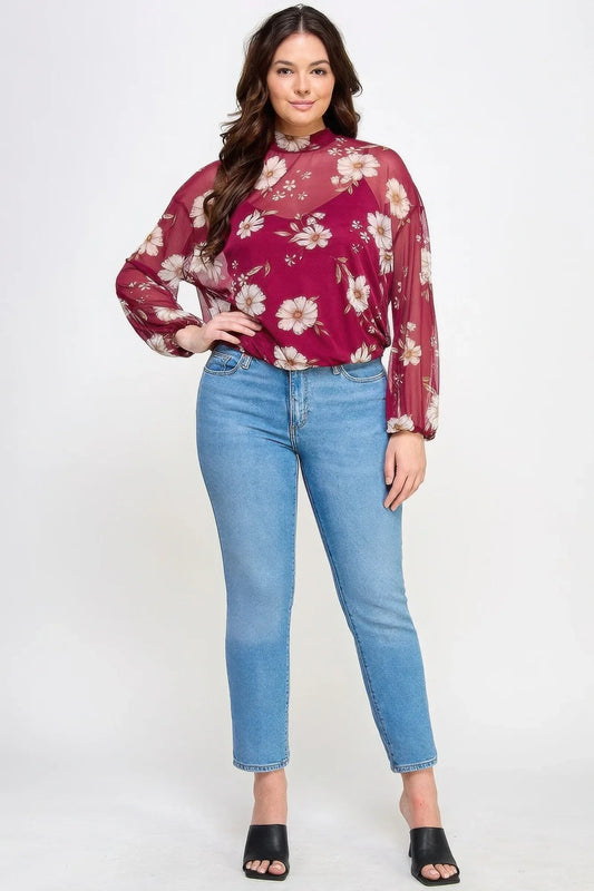 Mesh Floral Long Sleeve Top with Cami - minbolu -