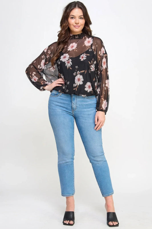 Mesh Floral Long Sleeve Top with Cami - Elegant & Comfortable - minbolu -