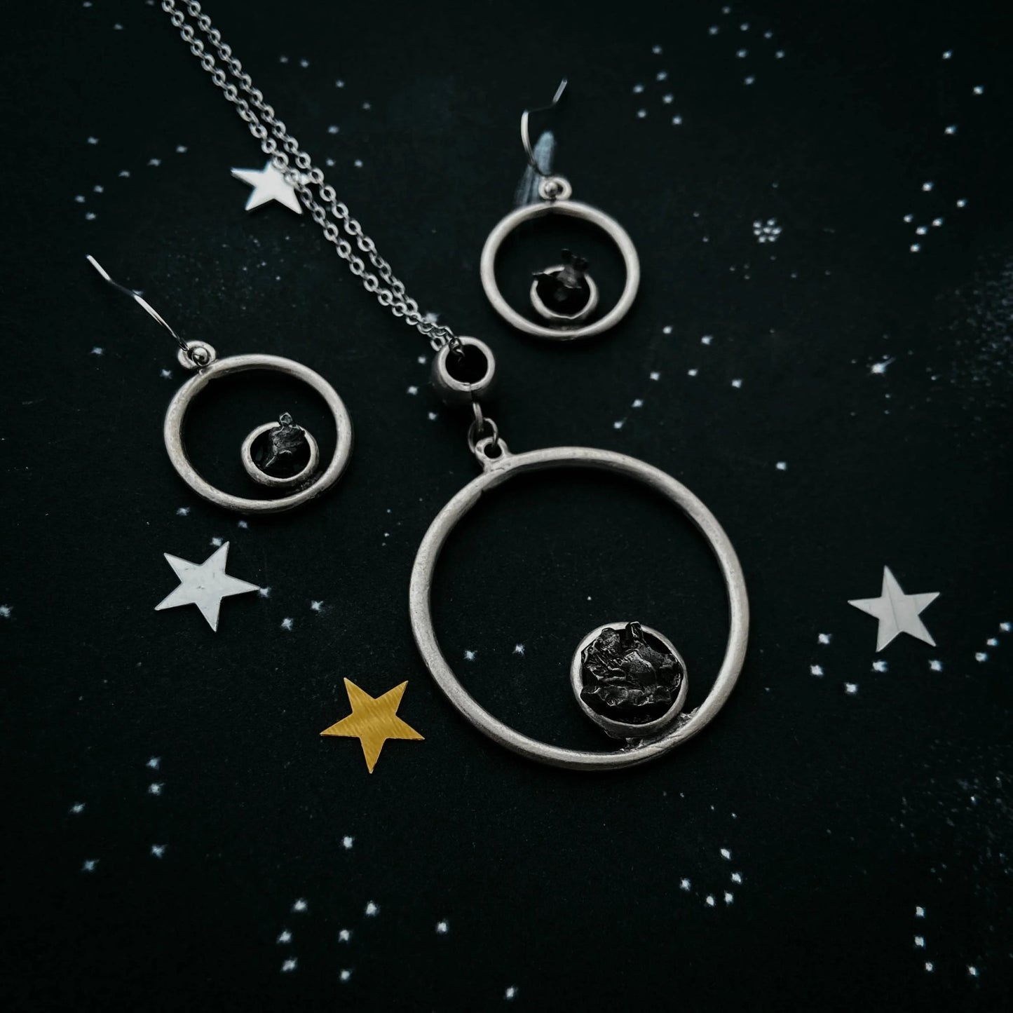 Meteorite Jewelry Set - Circle Necklace and Earrings - minbolu