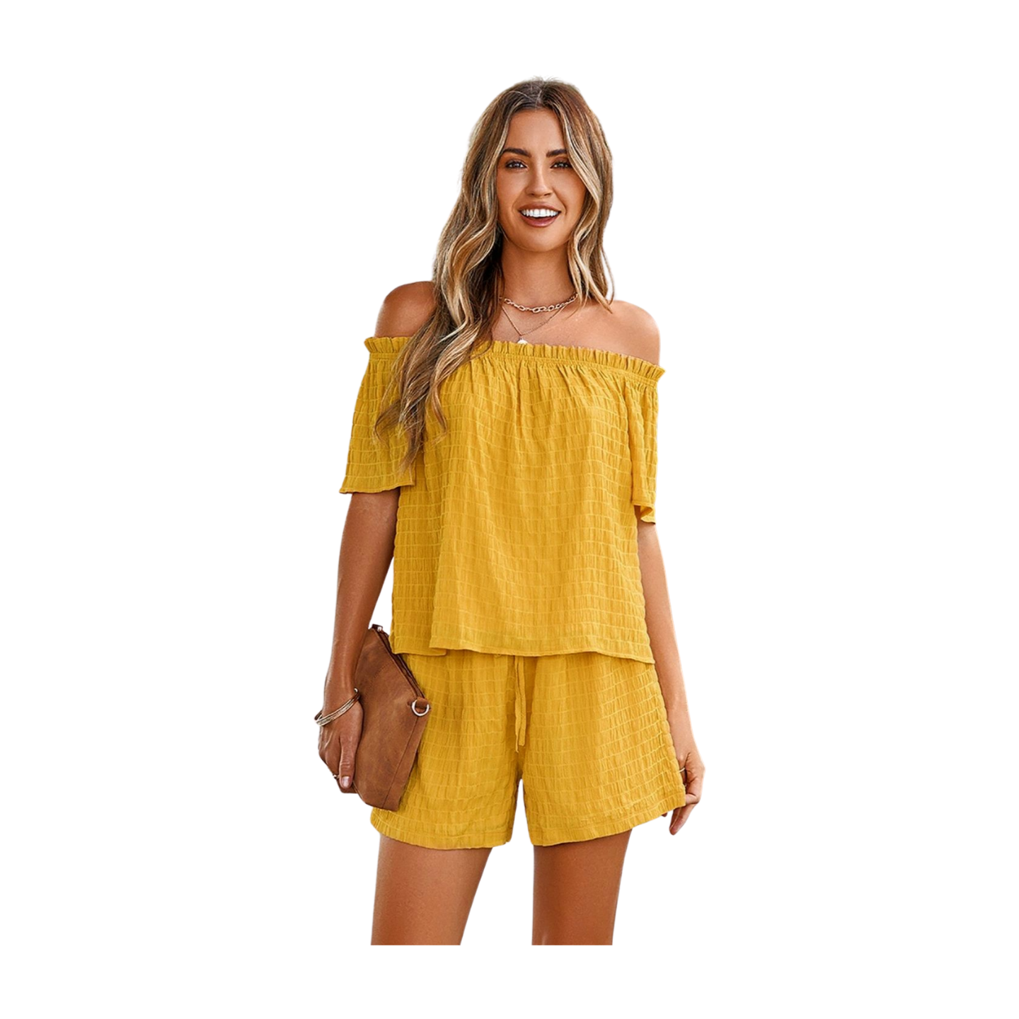 Woman wearing off-shoulder short sleeve top and tied shorts set—trendy and versatile for everyday wear.