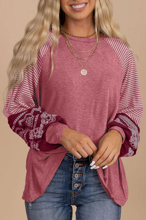 Mineral Red Striped Raglan Sleeve Loose Top - minbolu -