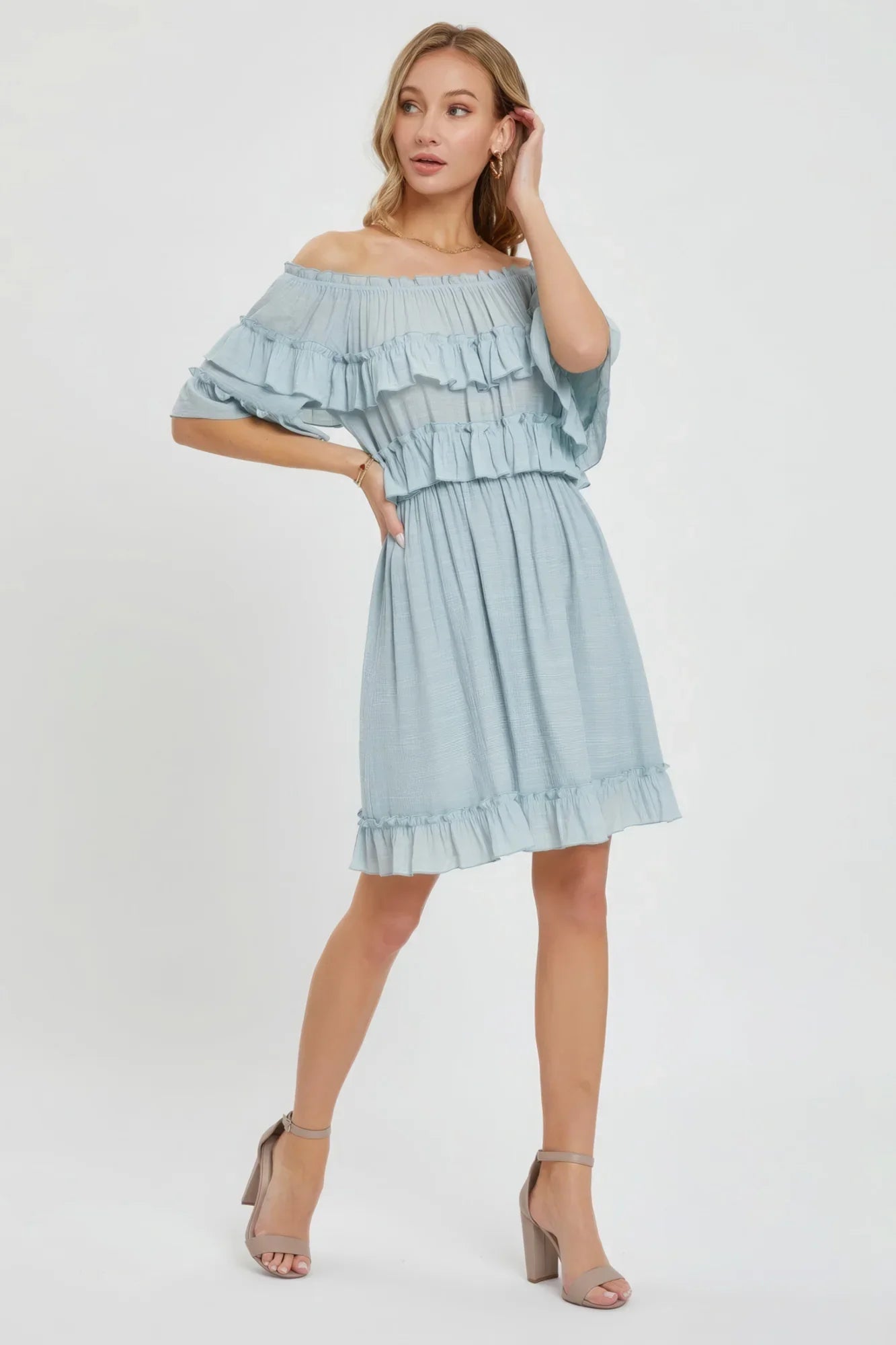Misty Blue Bohemian Off Shoulder Ruffle Dress - minbolu