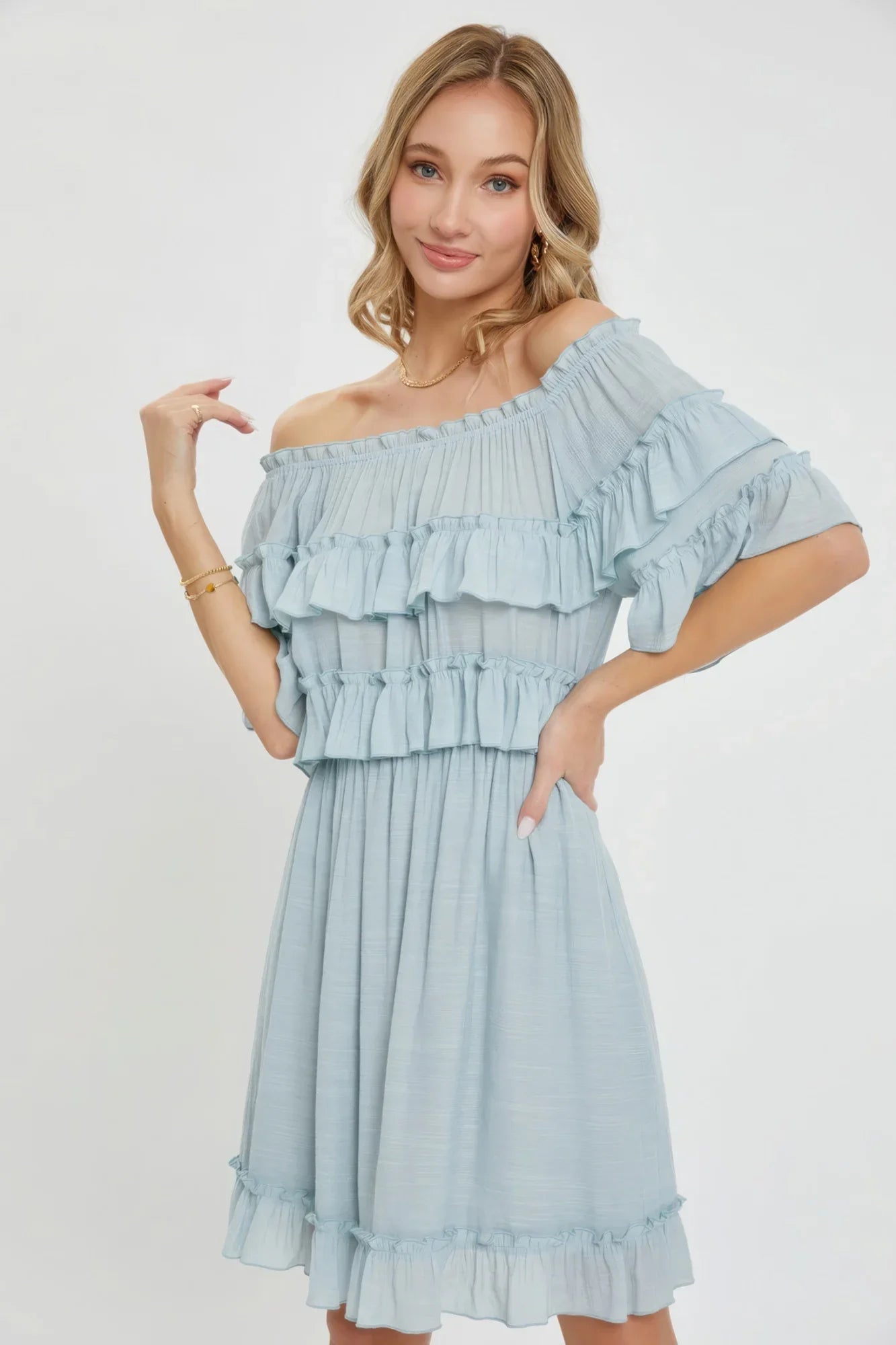 Misty Blue Bohemian Off Shoulder Ruffle Dress - minbolu
