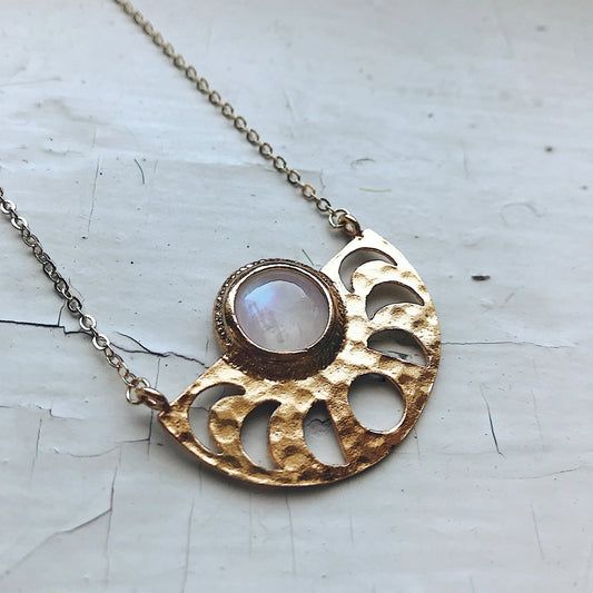 Moon Goddess Necklace - Moon Phases Rainbow Moonstone Pendant - minbolu -