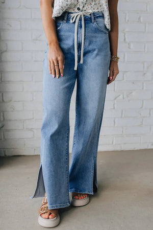 Myosotis Side Slit High Rise Drawstring Casual Jeans - minbolu -