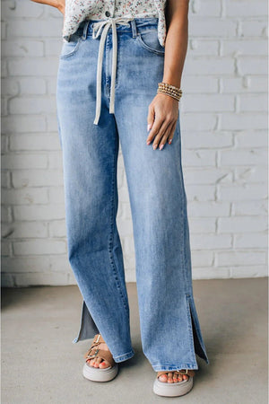 Myosotis Side Slit High Rise Drawstring Casual Jeans - minbolu -