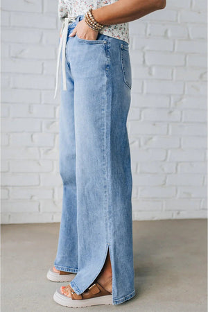 Myosotis Side Slit High Rise Drawstring Casual Jeans - minbolu -