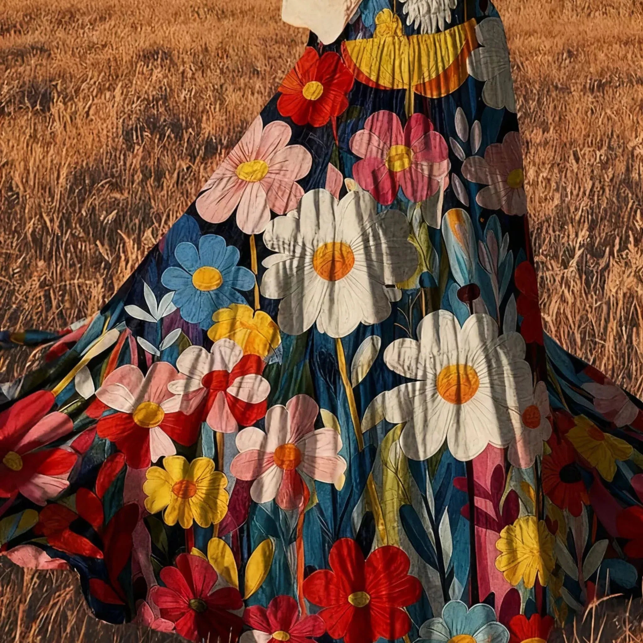 Colorful floral-patterned fabric against a natural background