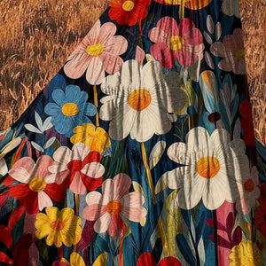 Colorful floral pattern on a fabric with a wooden background