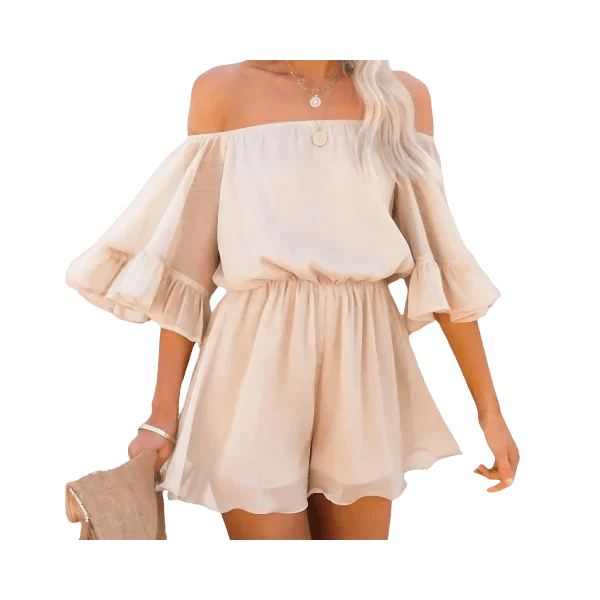 Off Shoulder Flounce Bell Sleeve Romper - minbolu