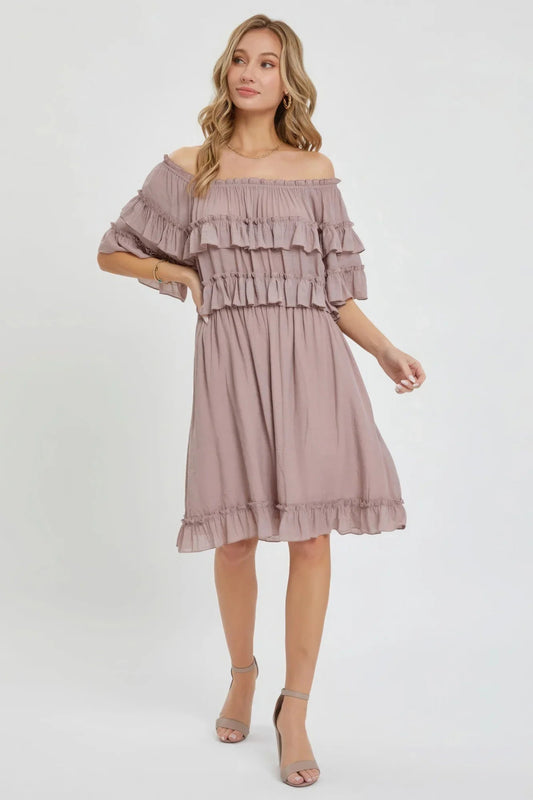 Off Shoulder Knee-Length Ruffle Dress - minbolu -