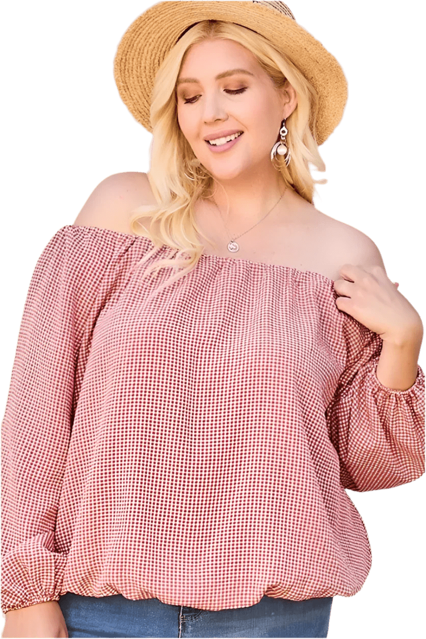 Off Shoulder Long Bubble Sleeve Plaid Top in Brick - minbolu