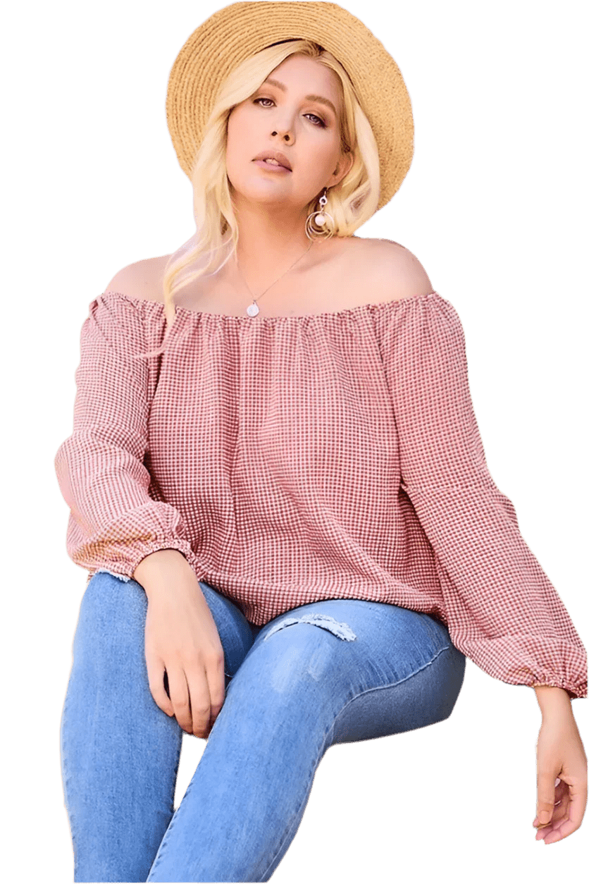 Off Shoulder Long Bubble Sleeve Plaid Top in Brick - minbolu