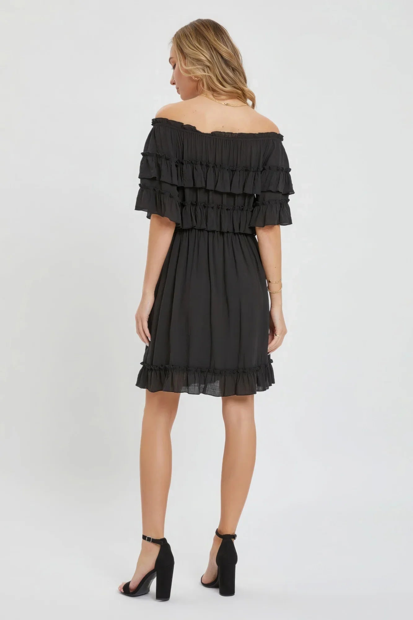 Off Shoulder Midi Dress in Black with Ruffle Hem and Elastic Waist - minbolu