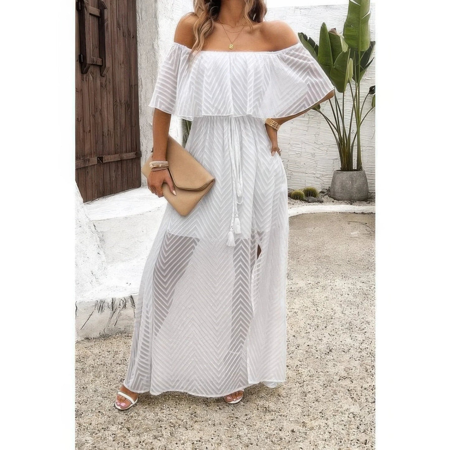 Off Shoulder Solid Tassel Ruffle Trim Split Dress - minbolu