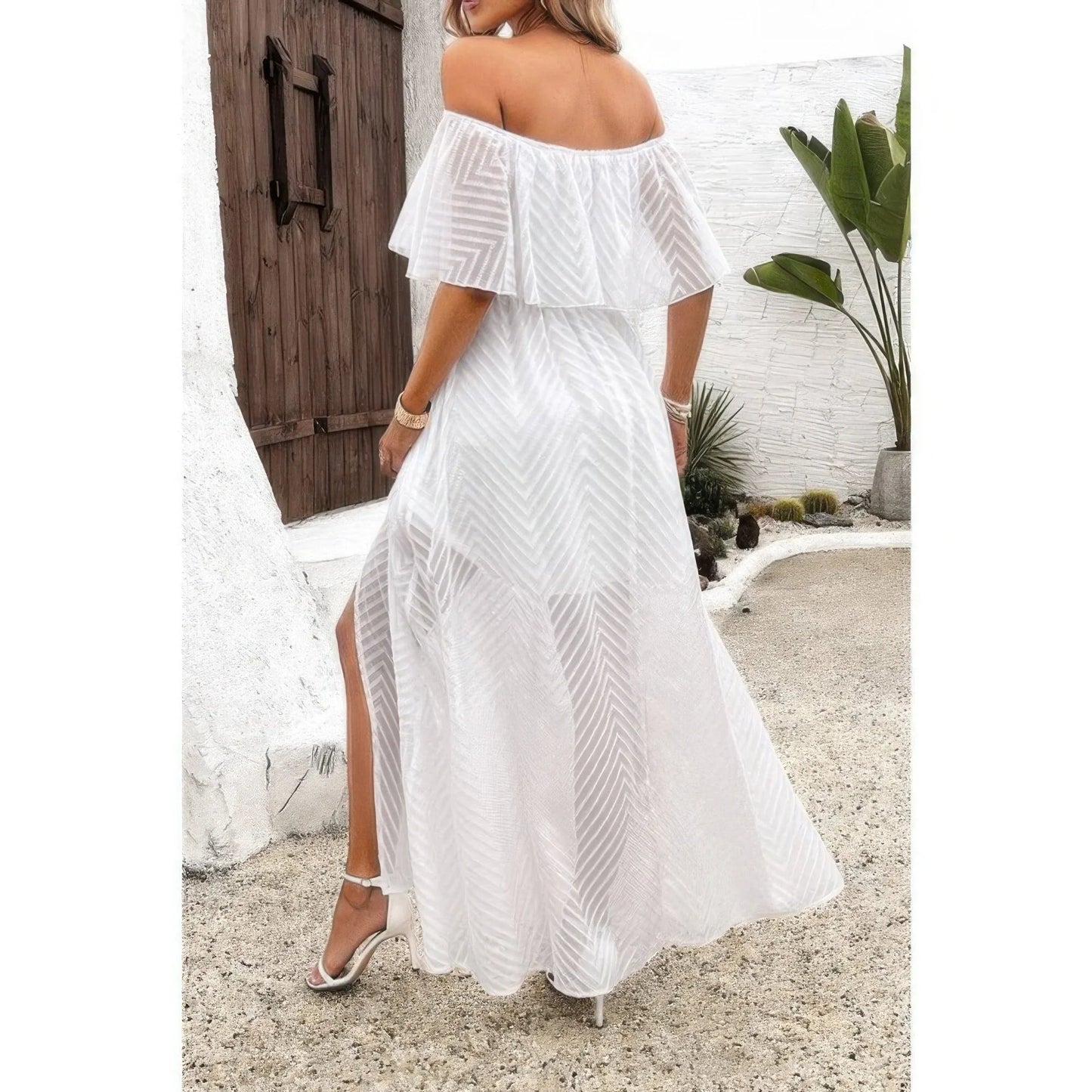 Off Shoulder Solid Tassel Ruffle Trim Split Dress - minbolu
