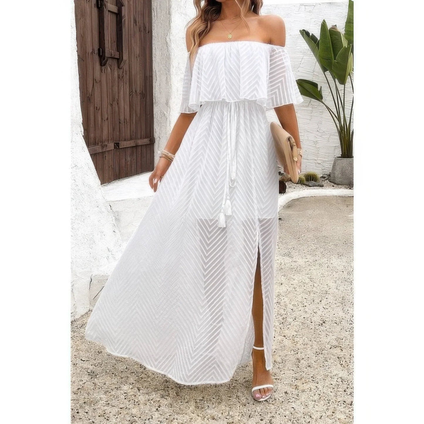 Off Shoulder Solid Tassel Ruffle Trim Split Dress - minbolu