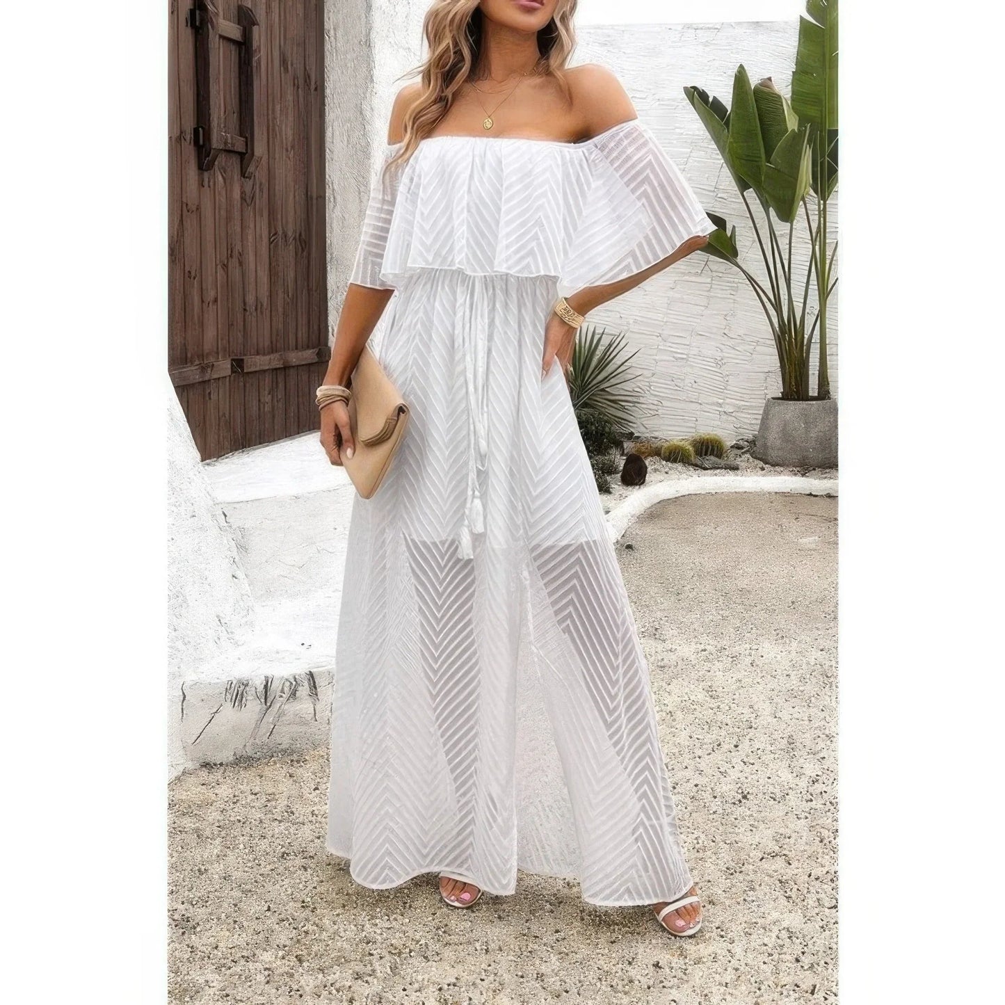 Off Shoulder Solid Tassel Ruffle Trim Split Dress - minbolu
