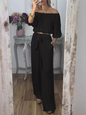 Off-Shoulder Top and Pants Set - Boho Two-Piece Outfit Plus Size - minbolu -
