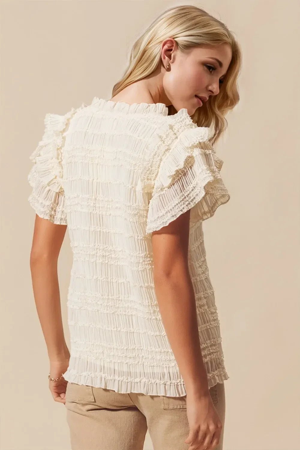 Oh Full Size Frill Notched Flounce Sleeve Blouse - minbolu