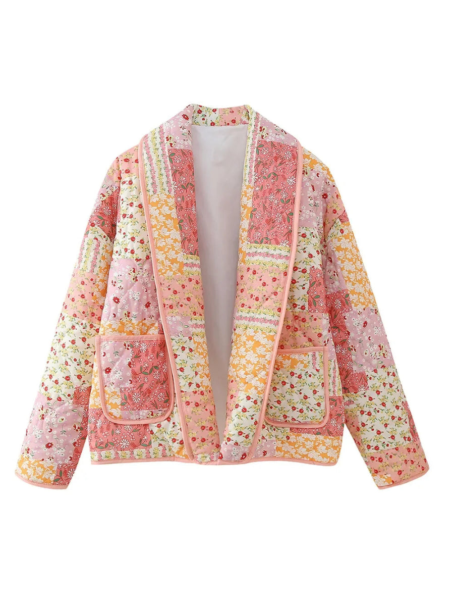 Printed Patchwork Open Front Cardigan with Pockets - minbolu -