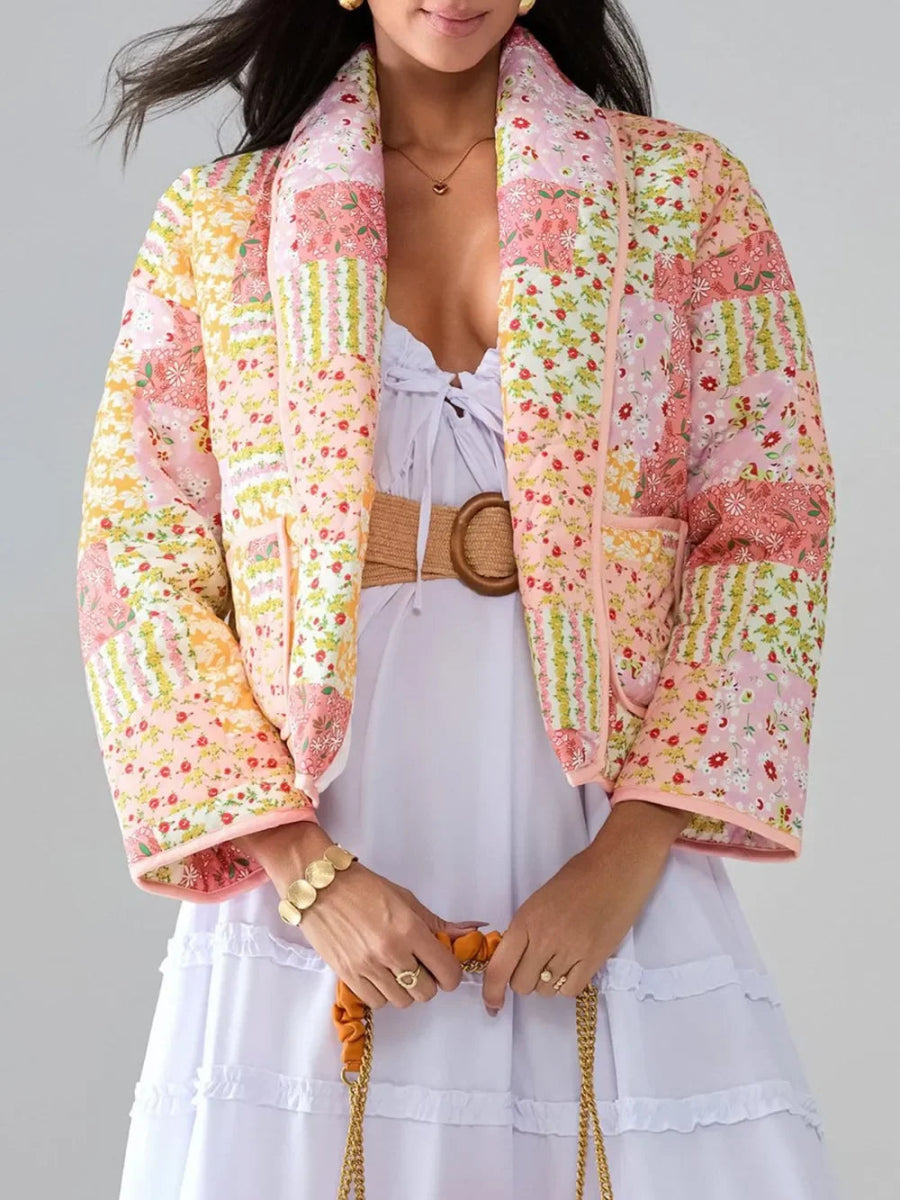 Printed Patchwork Open Front Cardigan with Pockets - minbolu -