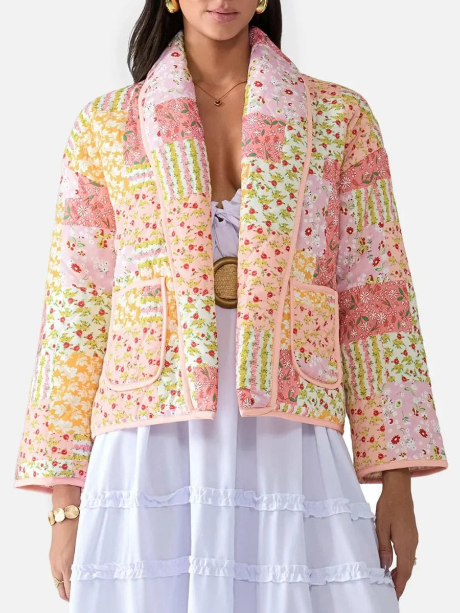 Printed Patchwork Open Front Cardigan with Pockets - minbolu -