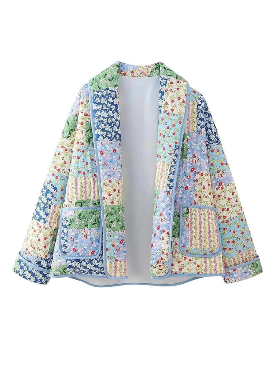 Printed Patchwork Open Front Cardigan with Pockets - minbolu -
